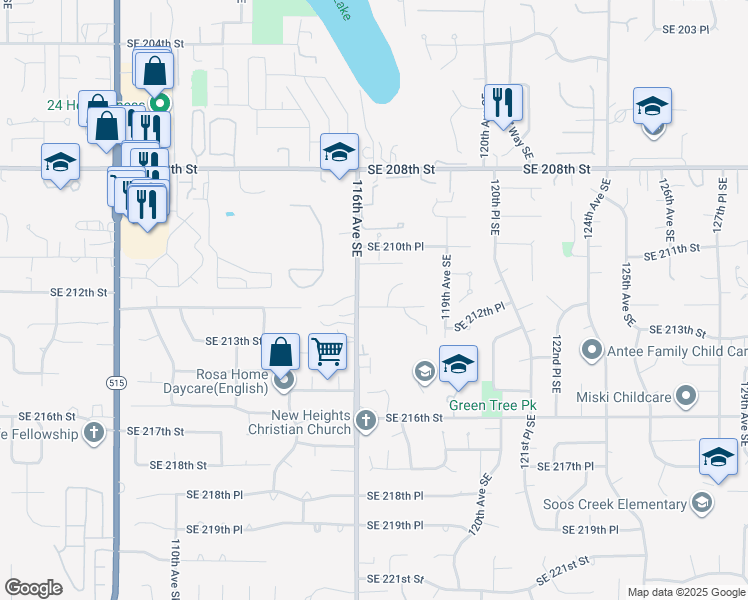 map of restaurants, bars, coffee shops, grocery stores, and more near 11624 Southeast 212th Place in Kent