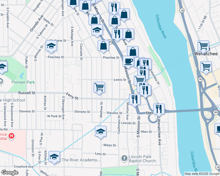 map of restaurants, bars, coffee shops, grocery stores, and more near 820 South Chelan Avenue in Wenatchee