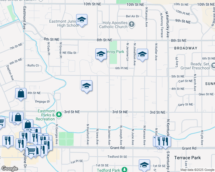 map of restaurants, bars, coffee shops, grocery stores, and more near 464 North James Avenue in East Wenatchee