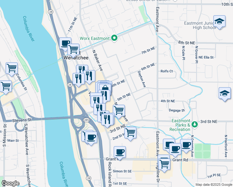 map of restaurants, bars, coffee shops, grocery stores, and more near 245 5th Street Northeast in East Wenatchee