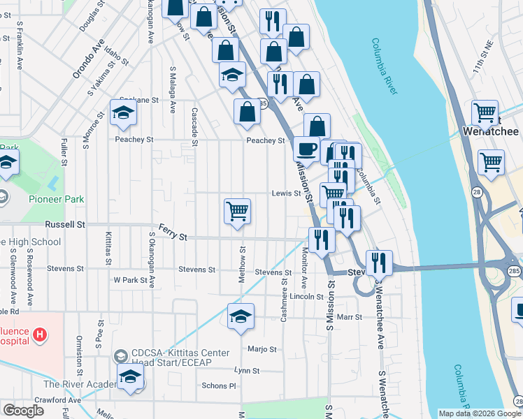 map of restaurants, bars, coffee shops, grocery stores, and more near 820 South Chelan Avenue in Wenatchee
