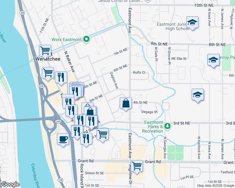 map of restaurants, bars, coffee shops, grocery stores, and more near 352 Johnson Place Northeast in East Wenatchee
