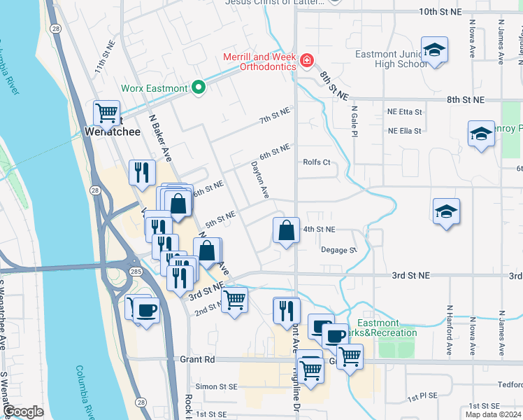 map of restaurants, bars, coffee shops, grocery stores, and more near 352 Johnson Place Northeast in East Wenatchee
