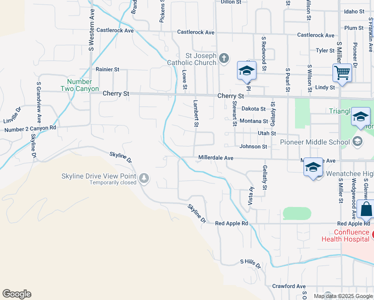 map of restaurants, bars, coffee shops, grocery stores, and more near 1505 Apollo Place in Wenatchee