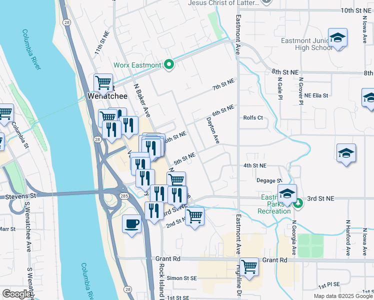 map of restaurants, bars, coffee shops, grocery stores, and more near 253 5th Street Northeast in East Wenatchee