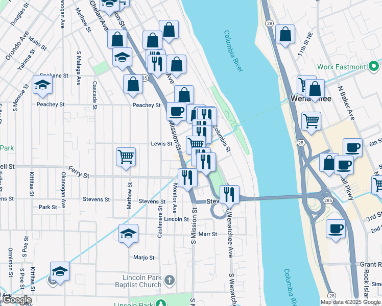map of restaurants, bars, coffee shops, grocery stores, and more near 215 Bridge Street in Wenatchee
