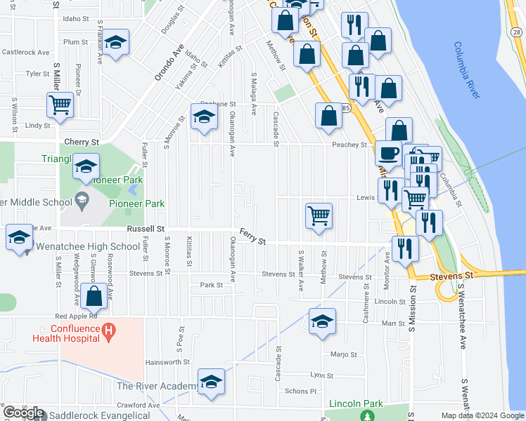 map of restaurants, bars, coffee shops, grocery stores, and more near 821 Malaga Avenue in Wenatchee