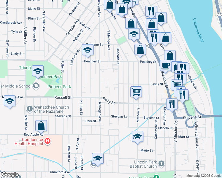 map of restaurants, bars, coffee shops, grocery stores, and more near 823 Malaga Avenue in Wenatchee
