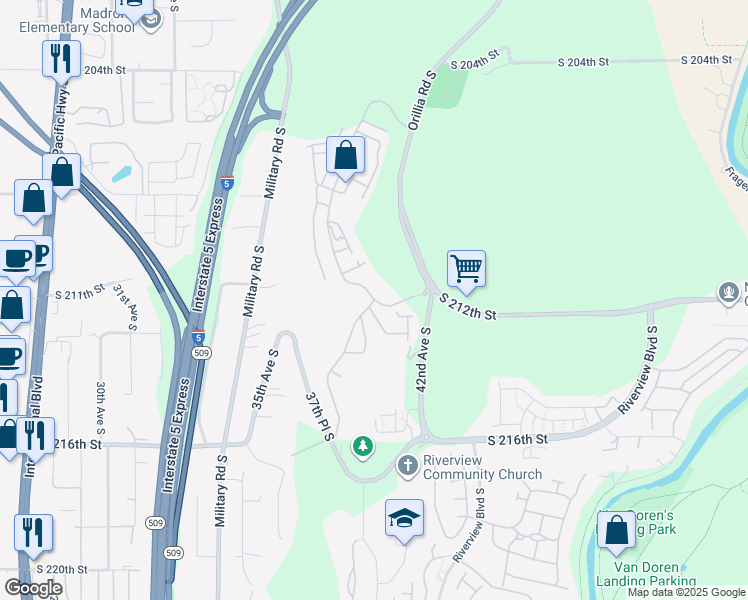 map of restaurants, bars, coffee shops, grocery stores, and more near 21026 40th Place South in SeaTac