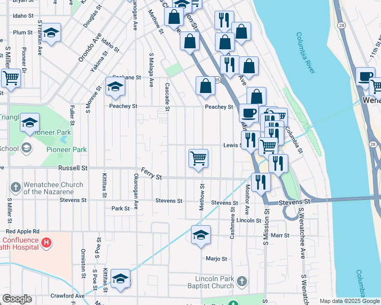 map of restaurants, bars, coffee shops, grocery stores, and more near 830 Methow Street in Wenatchee