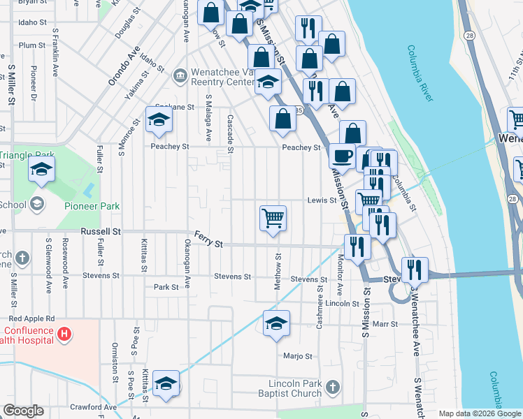 map of restaurants, bars, coffee shops, grocery stores, and more near 830 Methow Street in Wenatchee