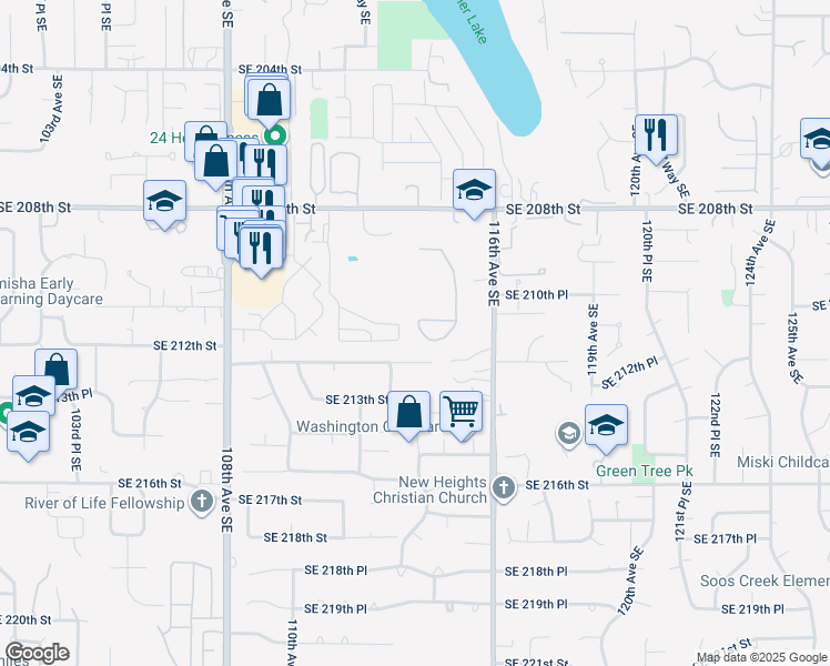 map of restaurants, bars, coffee shops, grocery stores, and more near 11320 Southeast 212th Street in Kent