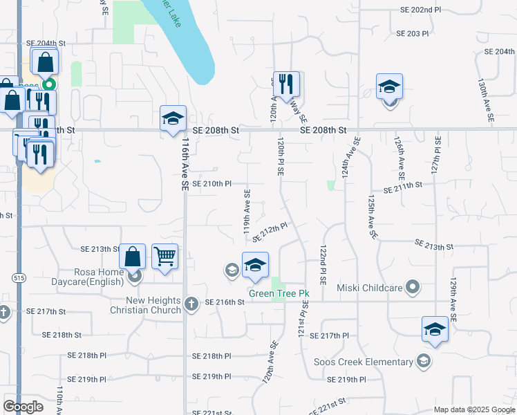 map of restaurants, bars, coffee shops, grocery stores, and more near 21105 119th Place Southeast in Kent
