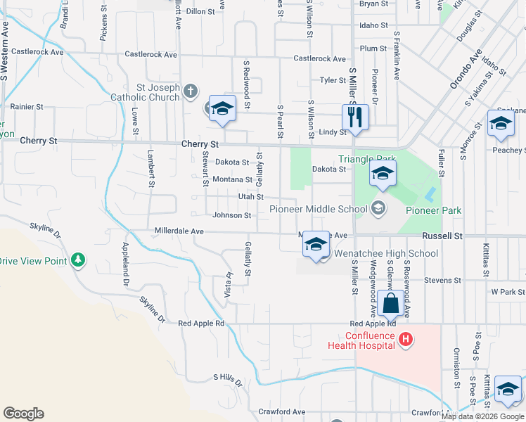 map of restaurants, bars, coffee shops, grocery stores, and more near 1218 Millerdale Avenue in Wenatchee