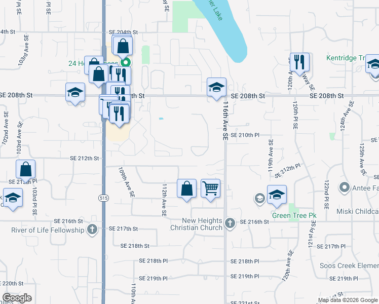 map of restaurants, bars, coffee shops, grocery stores, and more near 11320 Southeast 212th Street in Kent