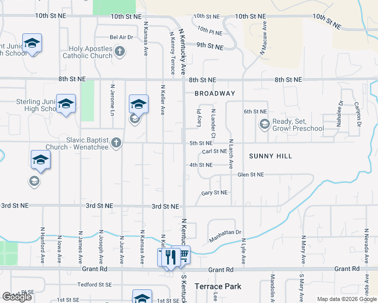 map of restaurants, bars, coffee shops, grocery stores, and more near 1725 4th Street Northeast in East Wenatchee