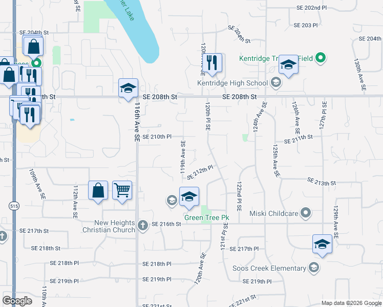 map of restaurants, bars, coffee shops, grocery stores, and more near 21105 119th Place Southeast in Kent