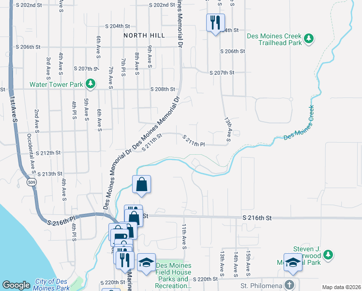 map of restaurants, bars, coffee shops, grocery stores, and more near 21118 11th Avenue South in Des Moines