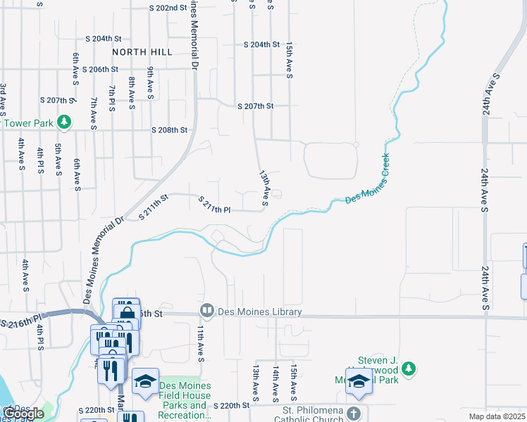 map of restaurants, bars, coffee shops, grocery stores, and more near 2141 South 211th Place in Des Moines