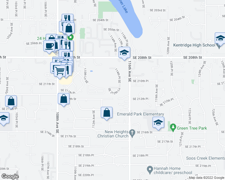 map of restaurants, bars, coffee shops, grocery stores, and more near 11350 Southeast 212th Street in Kent