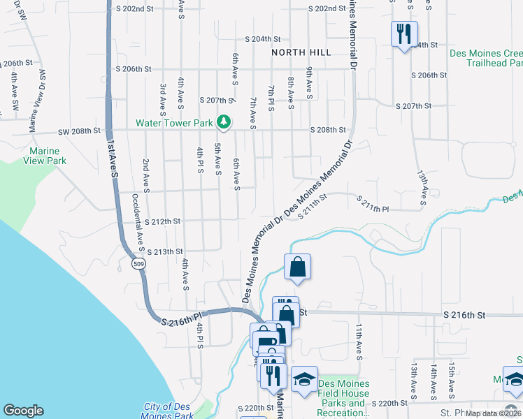 map of restaurants, bars, coffee shops, grocery stores, and more near 21030 7th Avenue South in Des Moines
