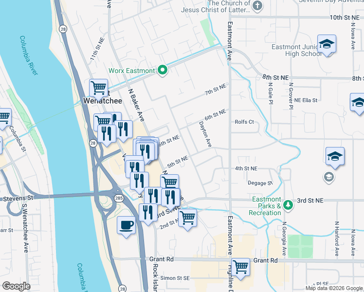 map of restaurants, bars, coffee shops, grocery stores, and more near 253 5th Street Northeast in East Wenatchee