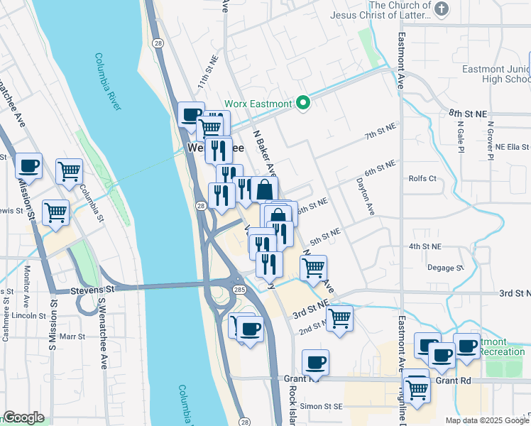 map of restaurants, bars, coffee shops, grocery stores, and more near 611 Valley Mall Parkway in East Wenatchee