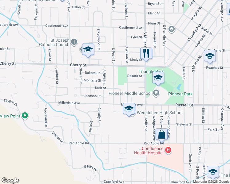 map of restaurants, bars, coffee shops, grocery stores, and more near 1104 Utah Street in Wenatchee