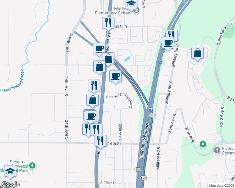 map of restaurants, bars, coffee shops, grocery stores, and more near 2854 South 211th Street in SeaTac