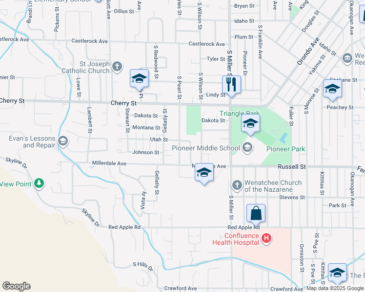 map of restaurants, bars, coffee shops, grocery stores, and more near 1104 Utah Street in Wenatchee