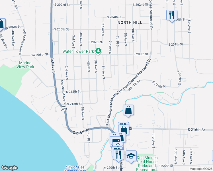 map of restaurants, bars, coffee shops, grocery stores, and more near 21026 6th Avenue South in Des Moines