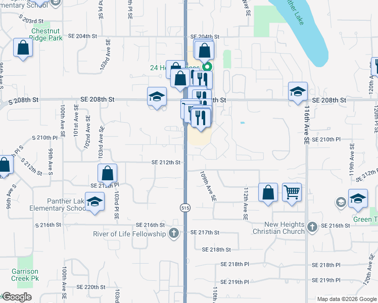 map of restaurants, bars, coffee shops, grocery stores, and more near 10820 Southeast 211th Place in Kent