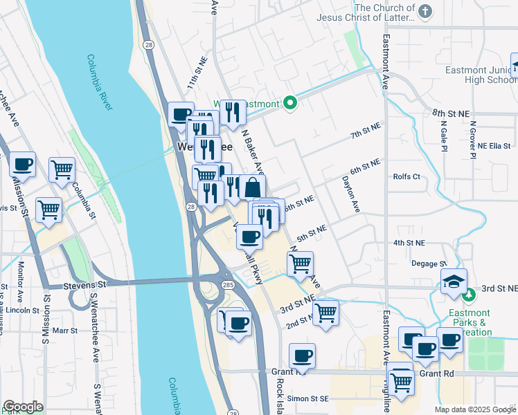 map of restaurants, bars, coffee shops, grocery stores, and more near 638 North Baker Avenue in East Wenatchee