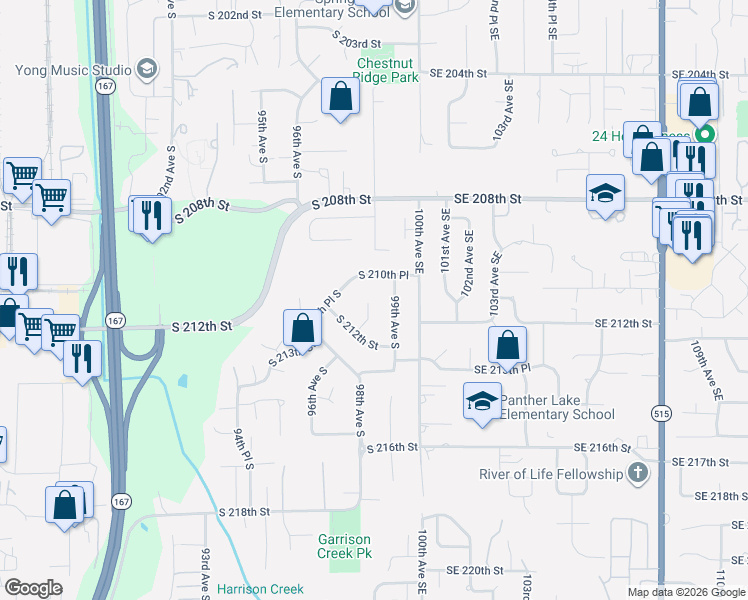 map of restaurants, bars, coffee shops, grocery stores, and more near 21020 98th Avenue South in Kent