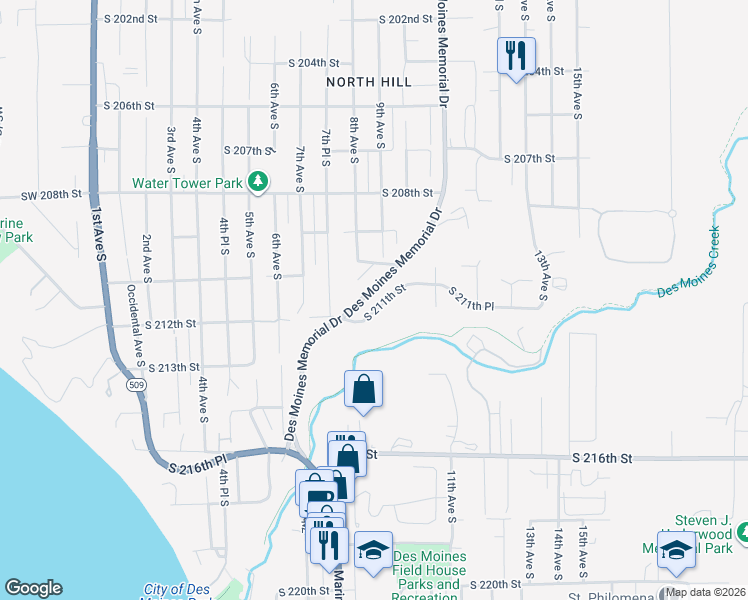 map of restaurants, bars, coffee shops, grocery stores, and more near 21010 9th Avenue South in Des Moines