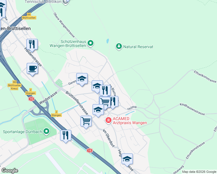 map of restaurants, bars, coffee shops, grocery stores, and more near in Wangen bei Dübendorf