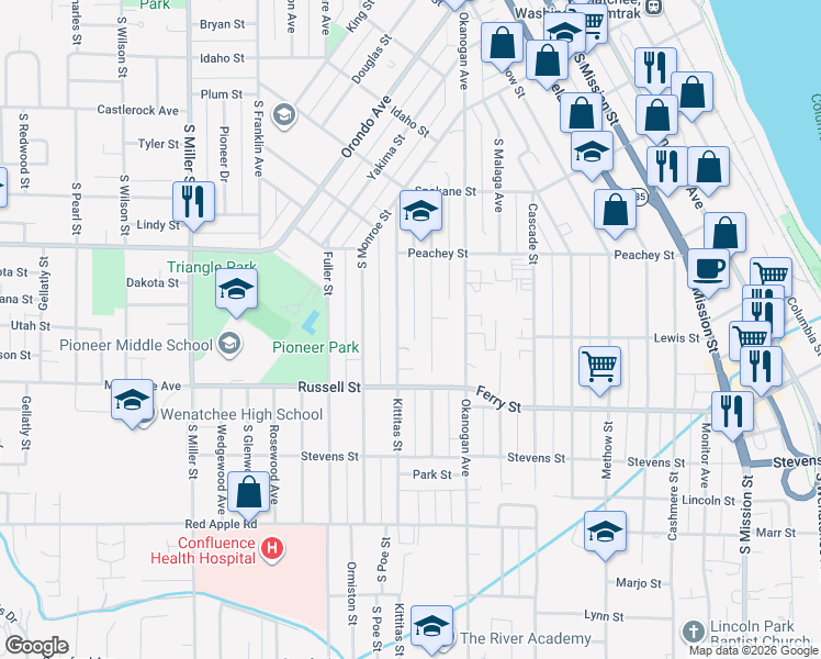map of restaurants, bars, coffee shops, grocery stores, and more near 849 Kittitas Street in Wenatchee