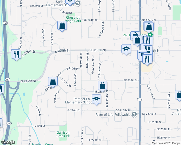 map of restaurants, bars, coffee shops, grocery stores, and more near 21017 101st Avenue Southeast in Kent