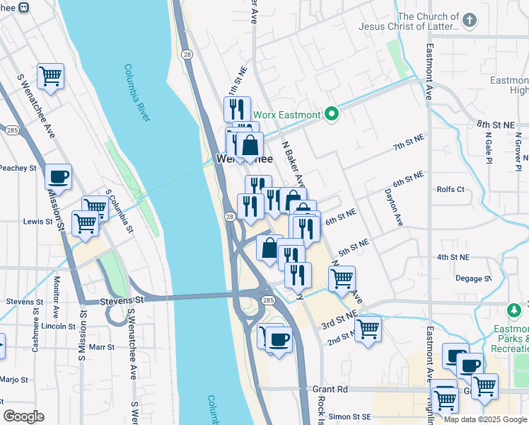 map of restaurants, bars, coffee shops, grocery stores, and more near 631 Valley Mall Parkway in East Wenatchee
