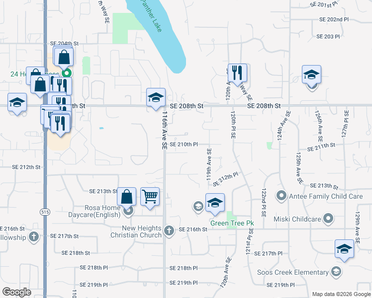 map of restaurants, bars, coffee shops, grocery stores, and more near 11627 Southeast 210th Place in Kent