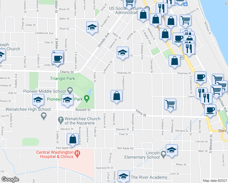 map of restaurants, bars, coffee shops, grocery stores, and more near Kittitas Street in Wenatchee