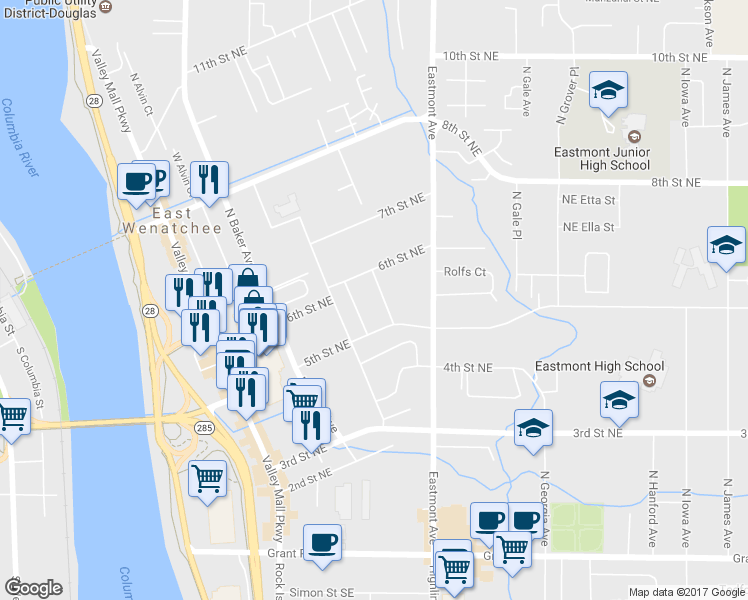 map of restaurants, bars, coffee shops, grocery stores, and more near 562 Dayton Avenue in East Wenatchee