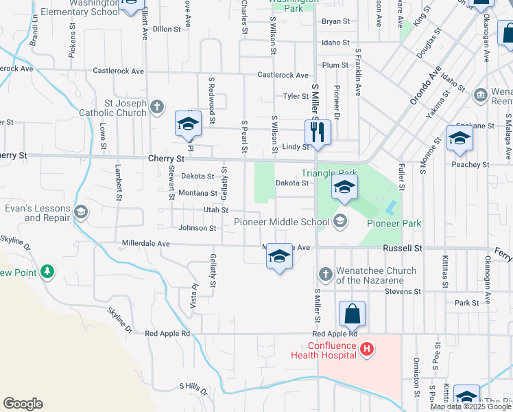 map of restaurants, bars, coffee shops, grocery stores, and more near 1104 Utah Street in Wenatchee