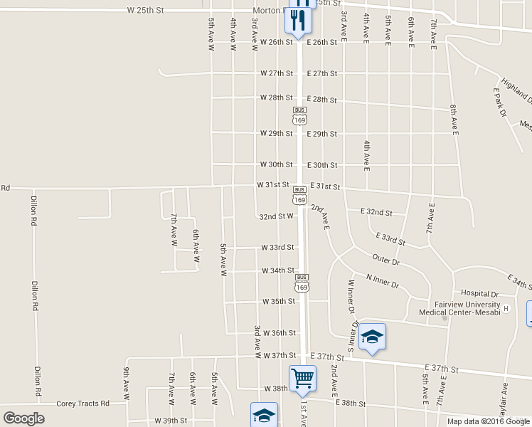 map of restaurants, bars, coffee shops, grocery stores, and more near 211 32nd Street West in Hibbing