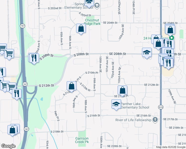 map of restaurants, bars, coffee shops, grocery stores, and more near 21009 99th Avenue South in Kent
