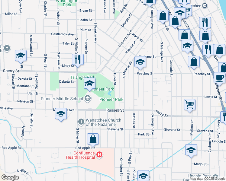 map of restaurants, bars, coffee shops, grocery stores, and more near 220 Fuller Street in Wenatchee