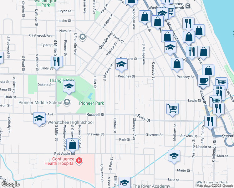 map of restaurants, bars, coffee shops, grocery stores, and more near 849 Kittitas Street in Wenatchee