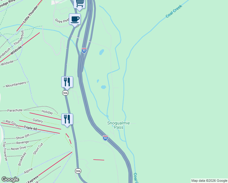 map of restaurants, bars, coffee shops, grocery stores, and more near 650 Yellowstone Trail Road in Snoqualmie Pass