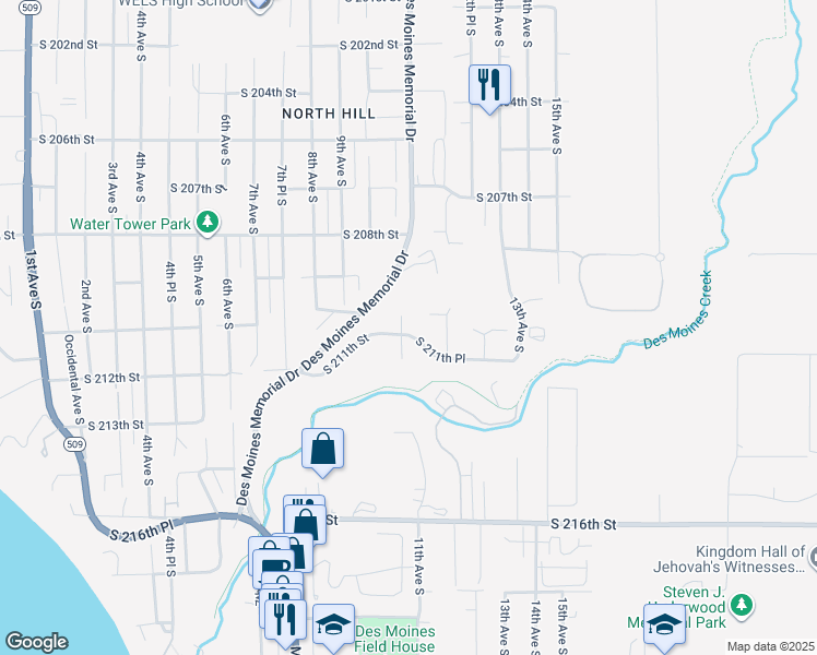 map of restaurants, bars, coffee shops, grocery stores, and more near 21016 11th Avenue South in Des Moines