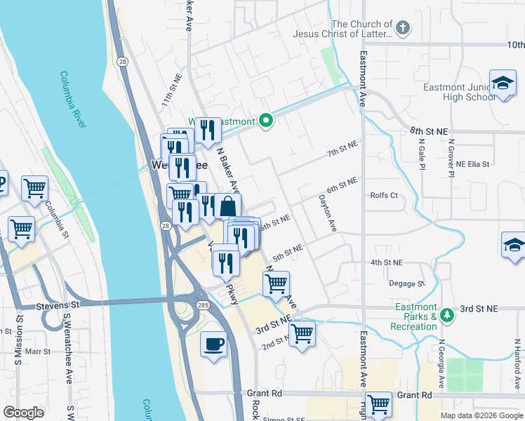 map of restaurants, bars, coffee shops, grocery stores, and more near 601 North Baker Avenue in East Wenatchee